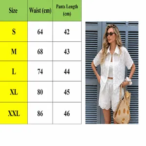 Size chart for summer crochet lace sun protection shirt and shorts two-piece set.