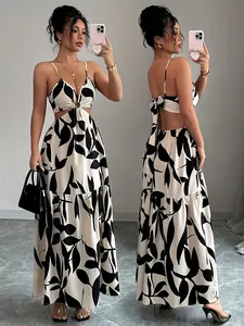 Detailed view of floral print backless maxi dress showing front and side profile