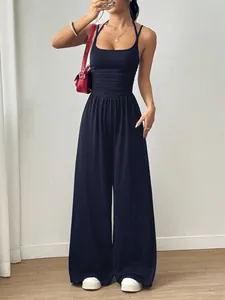 Summer halter neck wide-leg jumpsuit in black with ruched waist detail