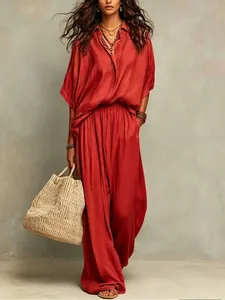 Rotes Damen-Set aus Baumwolle und Leinen mit Hemd und weiter Hose im Boho-Stil