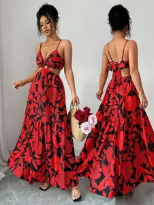 Front and back view of red floral backless maxi dress with cutout waist detail
