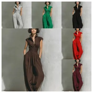 Women Sleeveless V Neck Jumpsuit Cotton Linen High Waist Wide Leg Long Pant Solid Color Summer Holiday Top And Bottom