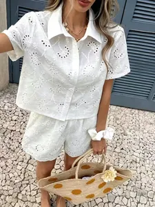 Stylish white eyelet embroidery hollow-out shirt and shorts two-piece set for summer