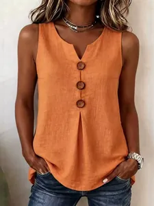 Detail view of women's orange sleeveless V-neck tank top featuring decorative buttons