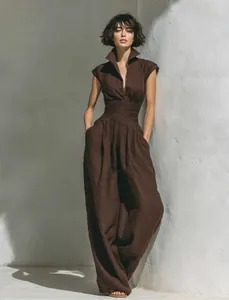 Full-body view of a brown sleeveless jumpsuit with V-neck and cinched waist design