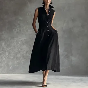 Elegant black sleeveless midi dress with stand collar and front buttons for summer