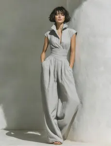 Chic light grey sleeveless V-neck high-waisted wide-leg jumpsuit for women