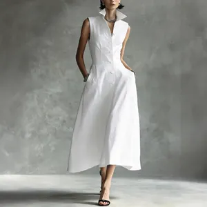 Elegant white sleeveless midi dress with stand collar and stylish button-up front