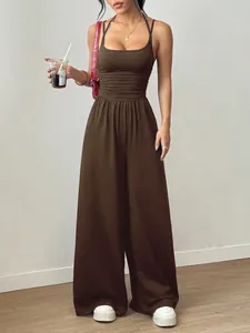 Summer casual brown wide-leg jumpsuit with sleeveless bandeau top for women's fashion
