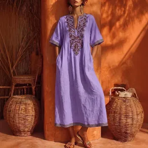 Vintage V-neck bohemian purple floral print loose casual maxi dress for women
