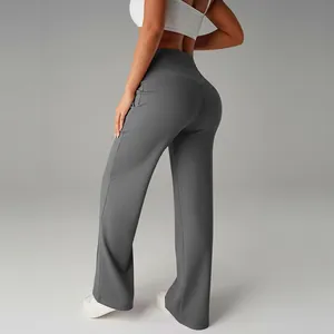 Rear view of high-waisted wide-leg yoga pants for women in charcoal grey