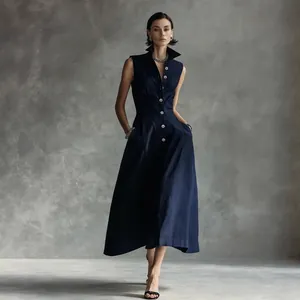 Full-length view of an elegant sleeveless navy blue midi dress with stand collar and buttons
