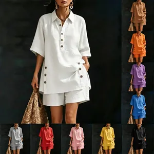 Completo Casual da Donna Pantaloncini a Due Pezzi Camicia a Maniche Corte con Bottoni e Pantaloncini Estivi Top e Bottom