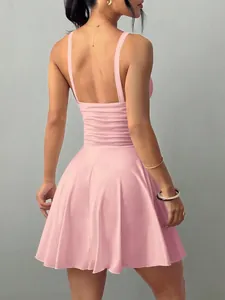 Back view of a sexy pink V-neck slip dress for women, slim fit elegant party dress style