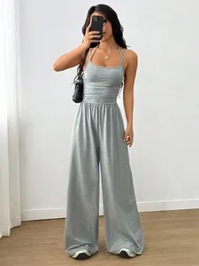 Chic minimalist casual grey halter neck wide leg jumpsuit for women summer style