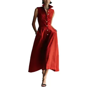 Sophisticated red sleeveless button-down midi dress featuring a stylish stand collar design