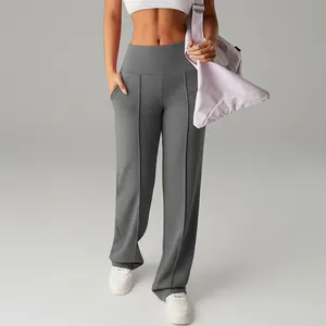 High-waisted wide-leg yoga pants for women, dark grey athletic trousers with center seam