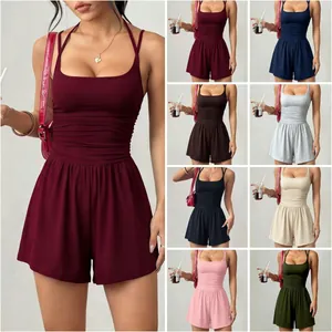 Women's Casual Polyester Spaghetti Strap Halter Romper Ruched Bandeau Wide Leg Jumpsuit Top And Bottom Summer Beach Fashion