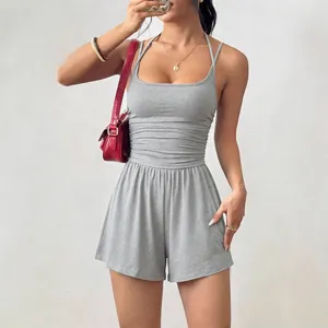 Women's summer grey halter neck romper with loose wide-leg shorts for casual wear