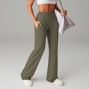 Women's high-waist wide-leg olive green sports pants with pockets for running and yoga