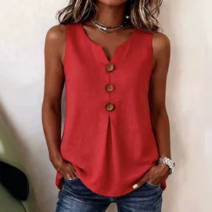 Red sleeveless V-neck cotton linen tank top for women with vintage button accents