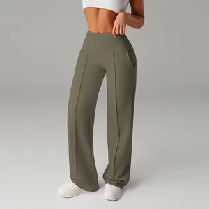 Comfortable high-waisted wide-leg yoga pants for women with front pleats in olive green