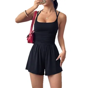 Summer black halter romper for women with sleeveless pleated bodice and wide leg shorts