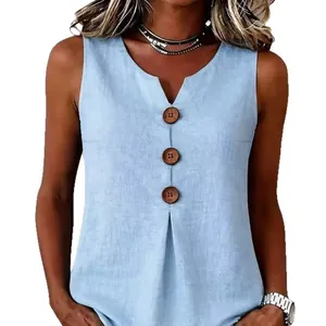 Elegant casual women's V-neck sleeveless linen vest top with stylish wooden buttons