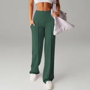 Women's high-waisted dark green wide-leg yoga pants for running and fitness sports
