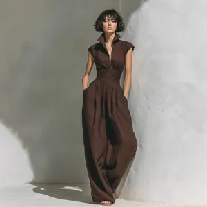 Elegant brown sleeveless v-neck jumpsuit with cinched waist and chic wide-leg design