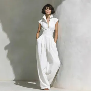 Elegant white sleeveless V-neck wide-leg jumpsuit with high waist for women 2026