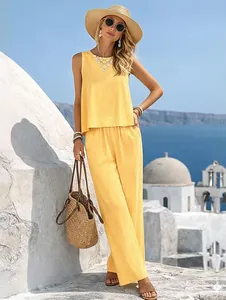 Ensemble deux pièces chic pour femme en coton lin jaune avec haut sans manches et pantalon large