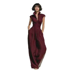 Elegant burgundy sleeveless V-neck wide-leg jumpsuit for women, professional studio shot.