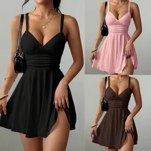 Women's Sexy V-Neck Strap Ruched Slim Fit Mini Dress Summer Elegant A-Line Evening Party Dress Sleeveless Clubwear