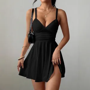 Sexy black V-neck spaghetti strap mini dress for summer parties and elegant occasions