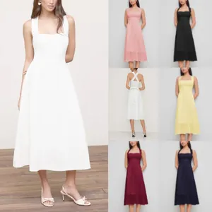Robe midi élégante de style français à col carré et coupe en A, disponible en plusieurs couleurs