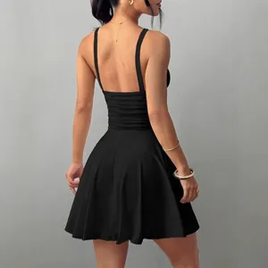 Sexy black backless mini dress with flared skirt and double straps for summer party