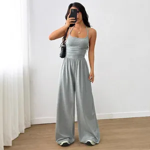 Casual gray spaghetti strap wide-leg jumpsuit for women in a modern minimalist style