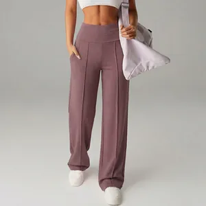High-waisted wide-leg yoga pants for women, showing front decorative seams detail