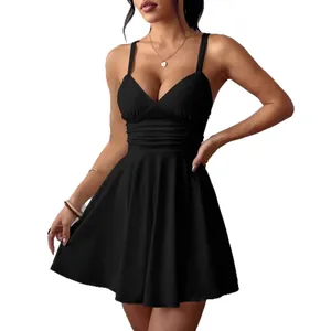 Elegant and sexy black V-neck strap mini dress with pleated waist and slim fit design