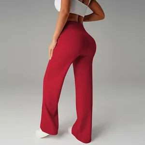 Detailed back view of high-waisted red wide-leg yoga pants for women's outdoor fitness
