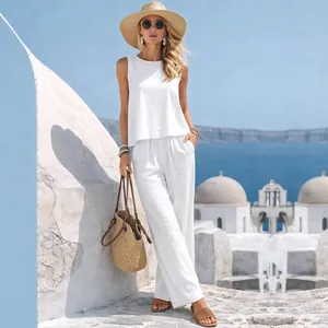 Ensemble Top And Bottom Décontracté Minimaliste pour Femmes Gilet Sans Manches et Pantalon Large Taille Haute en Polyester Spandex pour Vacances