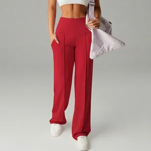 Women's high-waisted red wide-leg athletic pants with front seam details