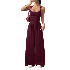 Elegant burgundy wide-leg suspender jumpsuit for women summer casual loose fit style