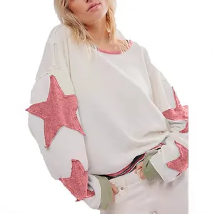 Sweatshirt Décontracté à Col Rond pour Femmes Coupe Large Haut à Manches Longues Avec Écussons Étoiles en Paillettes