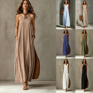 Women's Sexy Solid Color Sleeveless Polyester Maxi Dress Elegant Backless Strappy Long Dress With Pockets Casual Loose Fit Summer Top