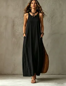 Full-body view of a black sleeveless maxi dress with pockets and styling