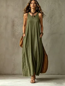 Elegant sleeveless olive green maxi dress for women with a bohemian loose fit and pockets.