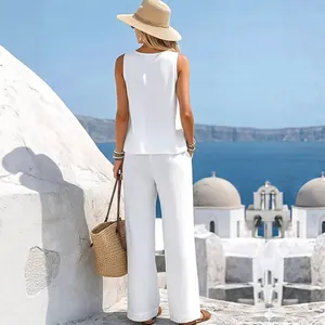 Ensemble élégant de gilet sans manches et pantalon large en coton et lin blanc pour femme
