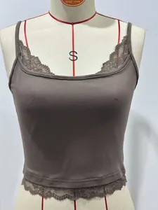 Detailed close-up of a women's mocha brown lace-trimmed cropped camisole tank top